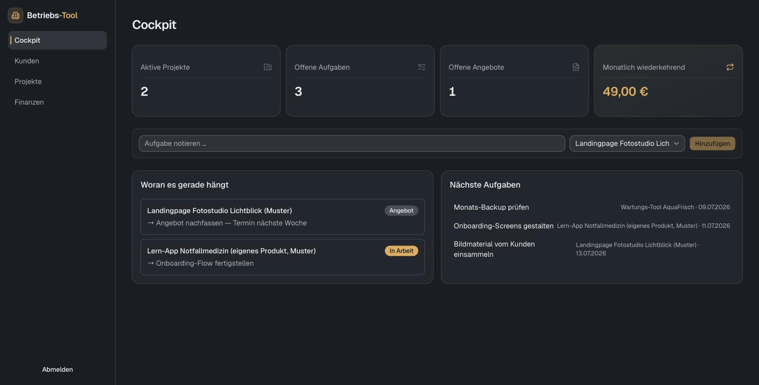 Betriebs-Tool: Cockpit mit Kennzahlen, Schnellaufgabe und offenen Aufgaben