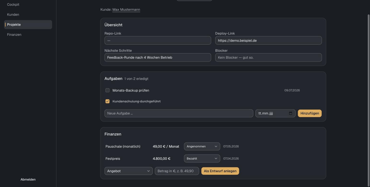 Betriebs-Tool: Projektansicht mit Aufgaben-Checkliste und Finanzübersicht