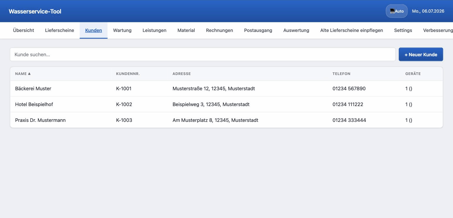 Wasserservice-Tool: Kundenliste mit Kundennummern, Adressen und Geräten