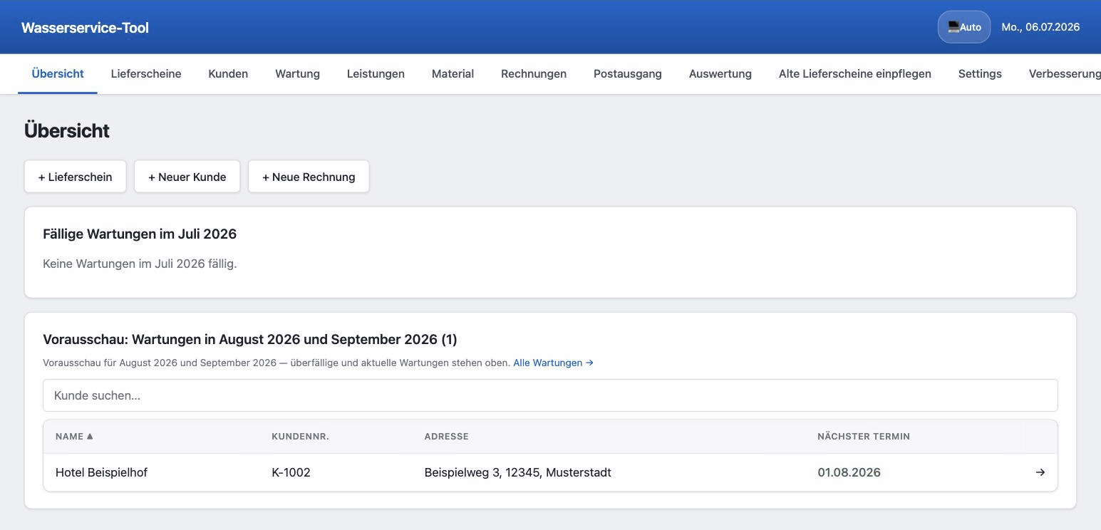 Wasserservice-Tool: Übersicht mit fälligen Wartungen und Zwei-Monats-Vorausschau